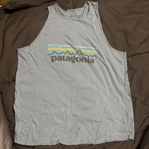 Patagonia Pale Blue Tank with Multicolor Stripe Logo